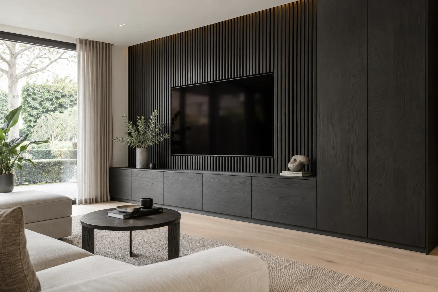 Zwarte cinewall concept met houten latten en gesloten opbergruimte