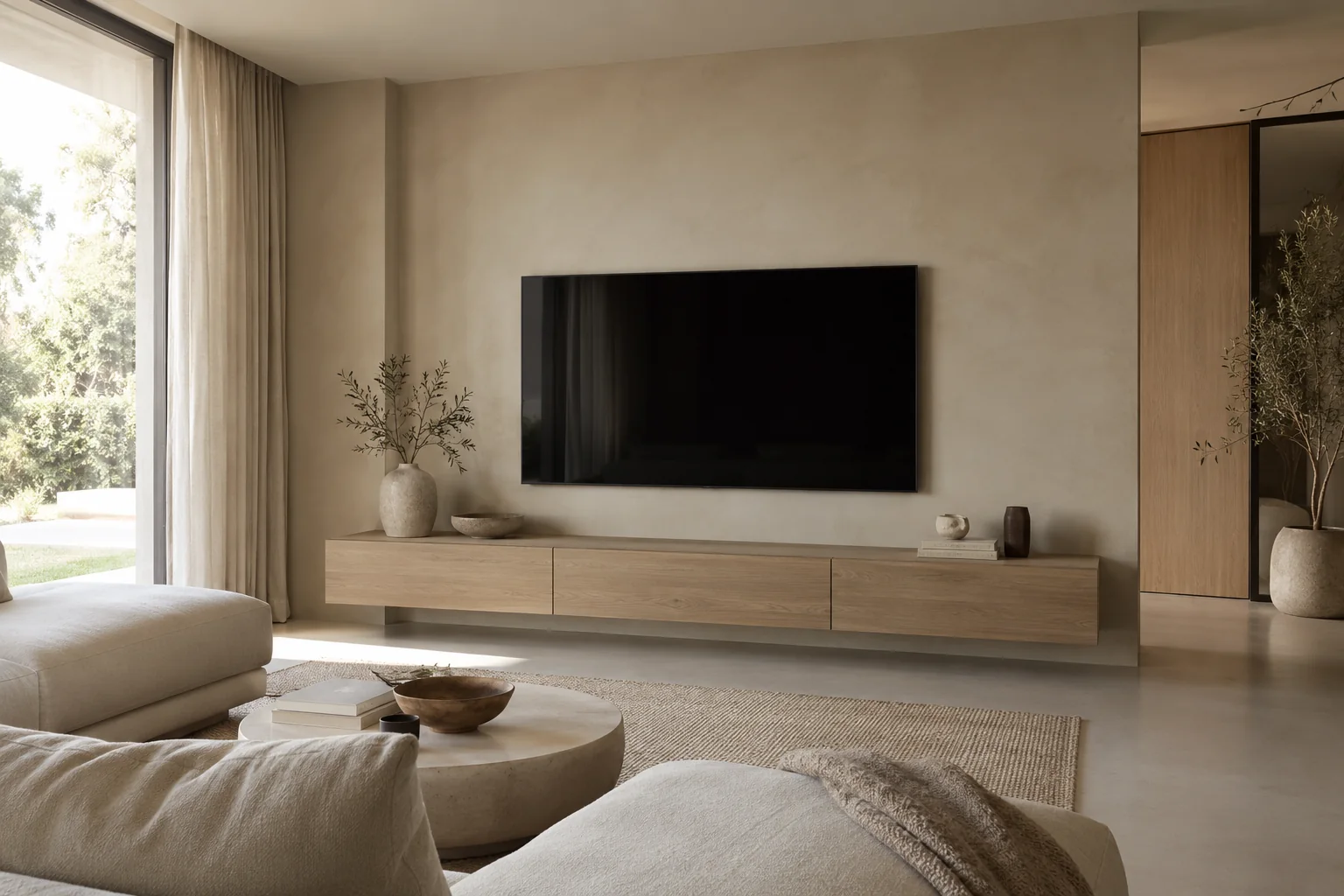 Minimalistische beige cinewall concept met zwevende eiken kast zonder haard